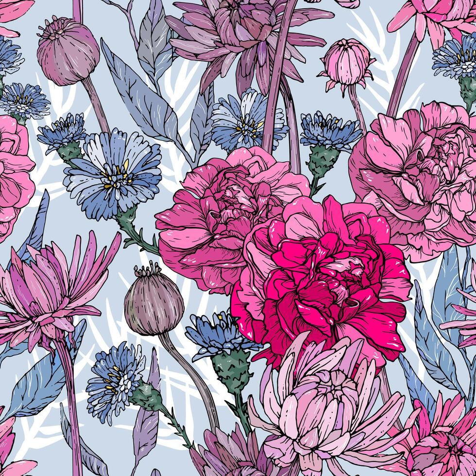 Seamless pattern with hand drawn flowers and brunchs. vector