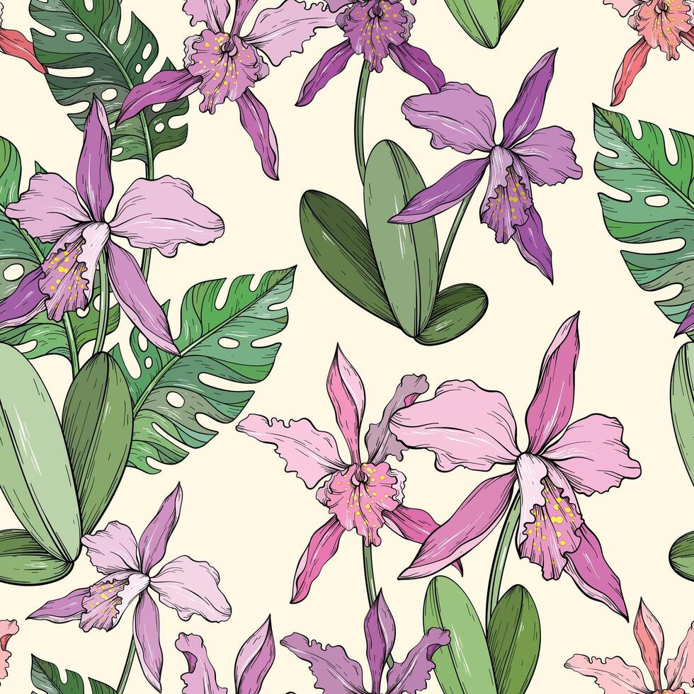 Abstract vintage seamless floral pattern with orchids and tropical leaves. vector