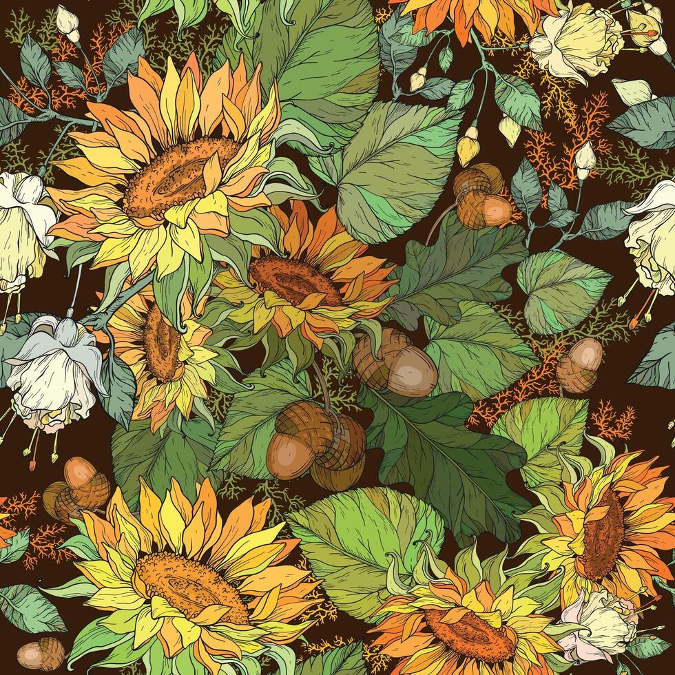 Floral seamless pattern. Yellow blooming sunflowers on a gray background. vector