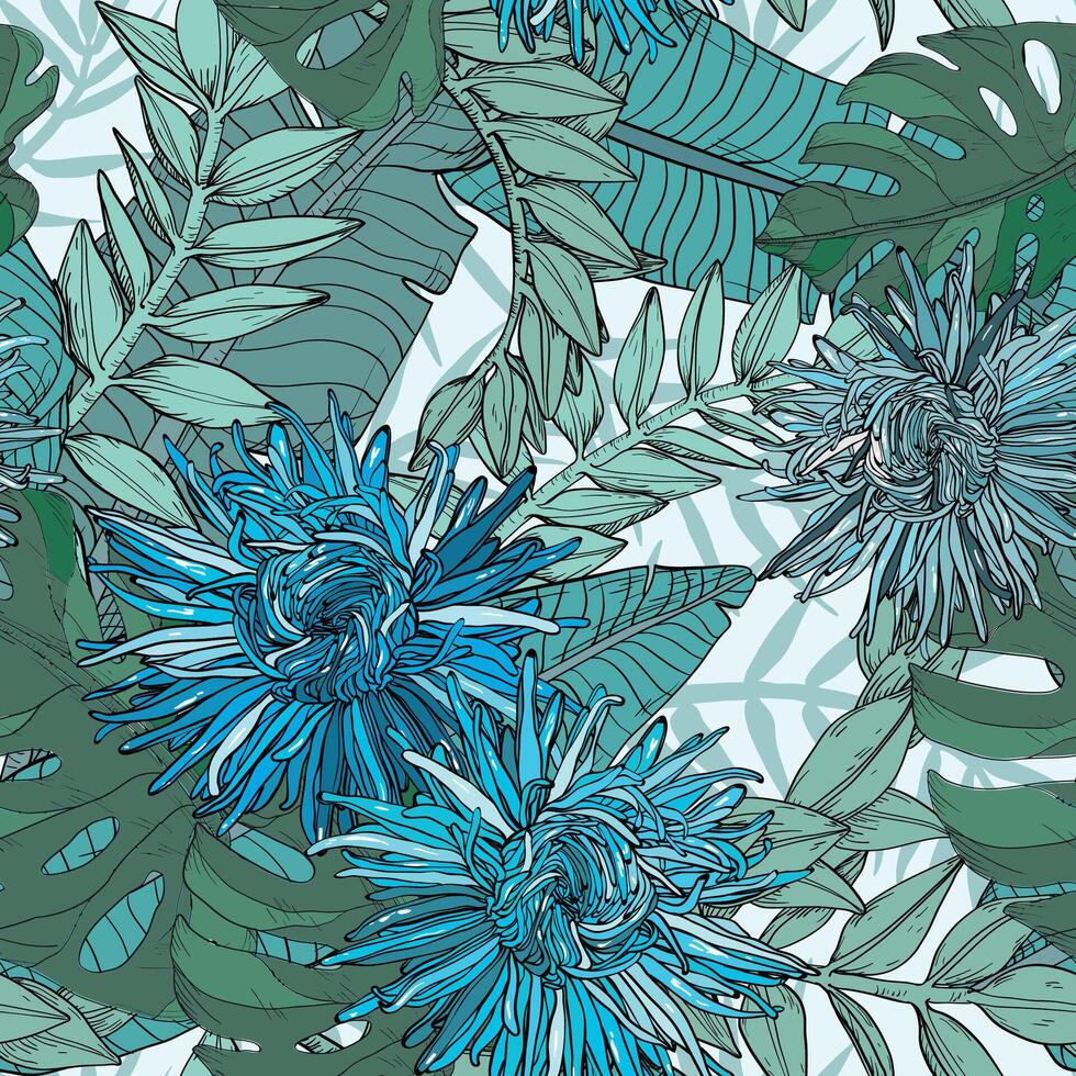seamless pattern with blue chrysanthemum flowers on a floral background vector