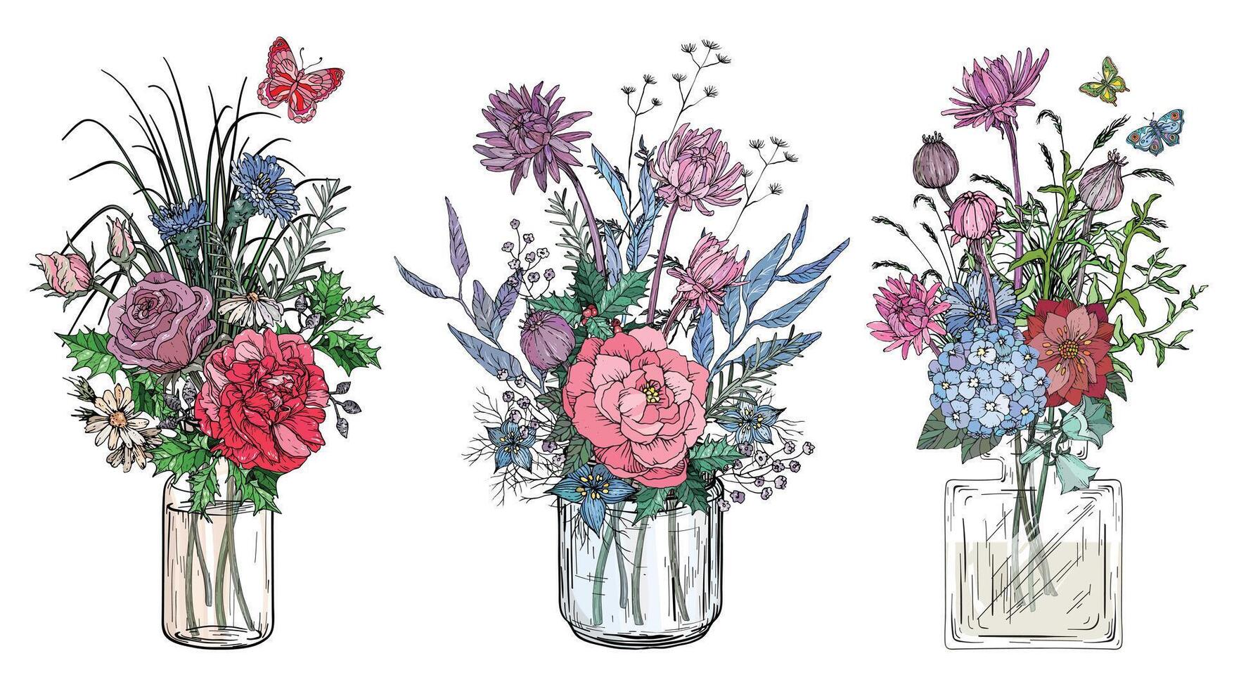 Set of bouquets of flowers in transparent glass vases vector