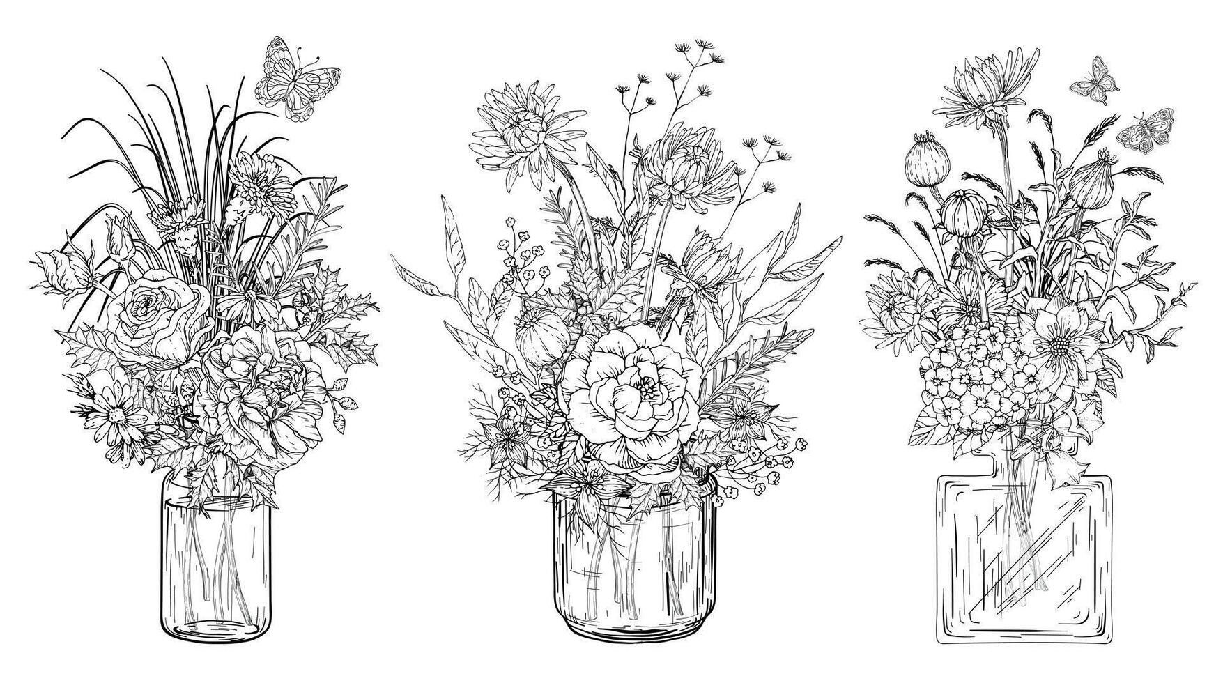 Set of bouquets of flowers in transparent glass vases. Black and white illustration vector