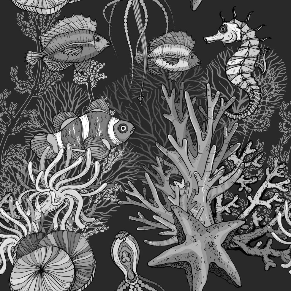 Seamless pattern with ocean marine life, clown fish in anemones, black and white vector