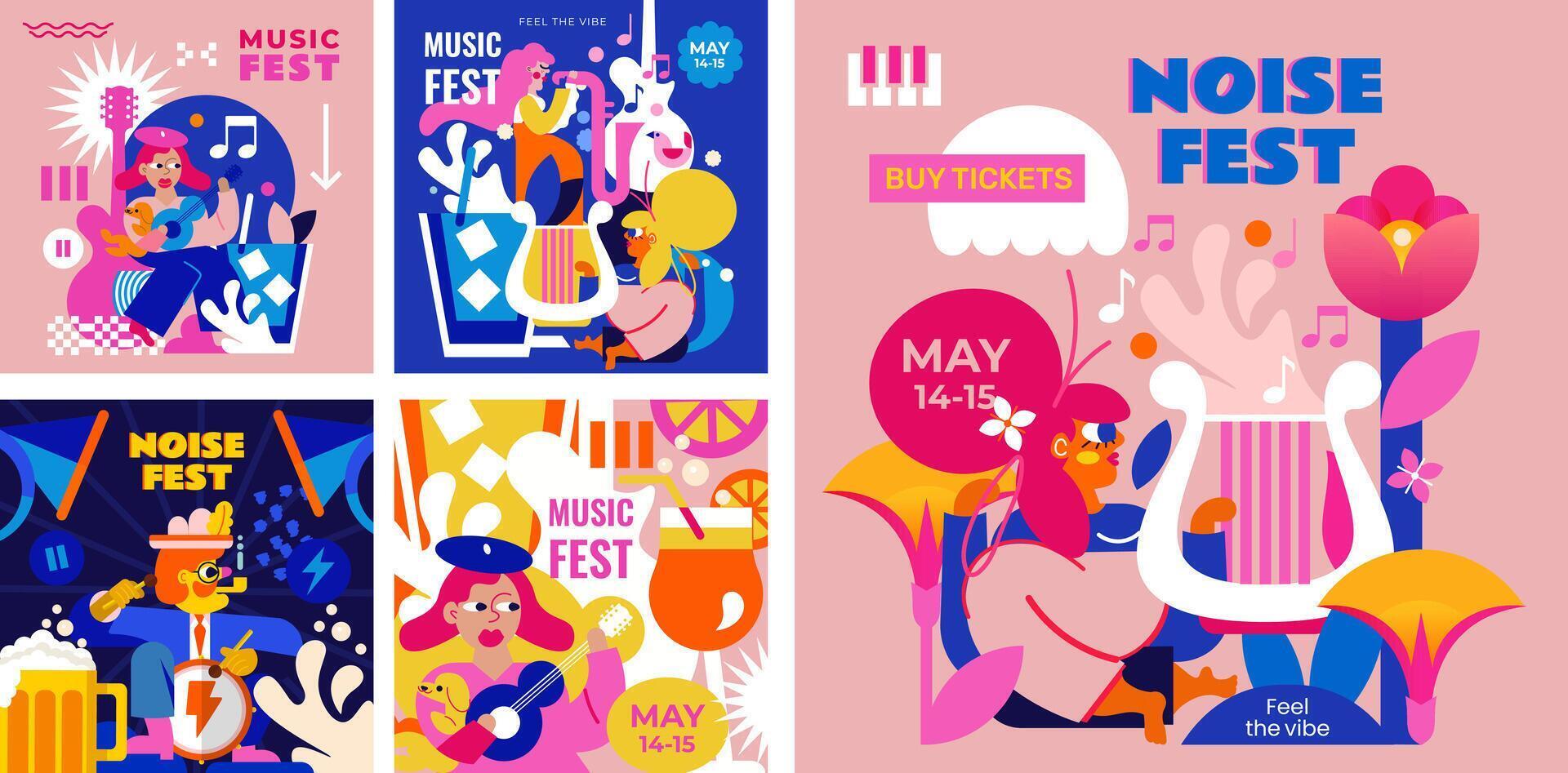 5 music festival templates. Cool drinks, musical instruments, people playing and enjoying music. The design is perfect for jazz, Oktoberfest, outdoor festivals and more vector