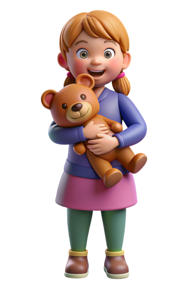 Happy Girl Hugging Teddy Bear 3d Concept png