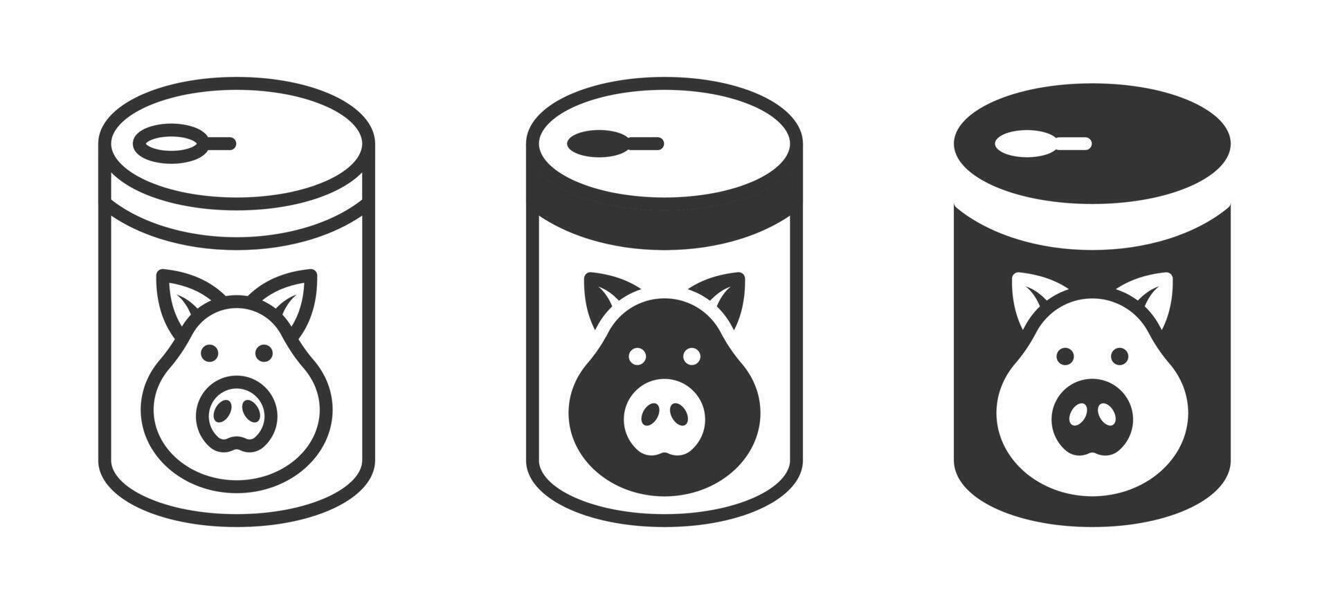 icons of pig face on canned food in minimalist black and white style, ideal for food packaging themes. vector