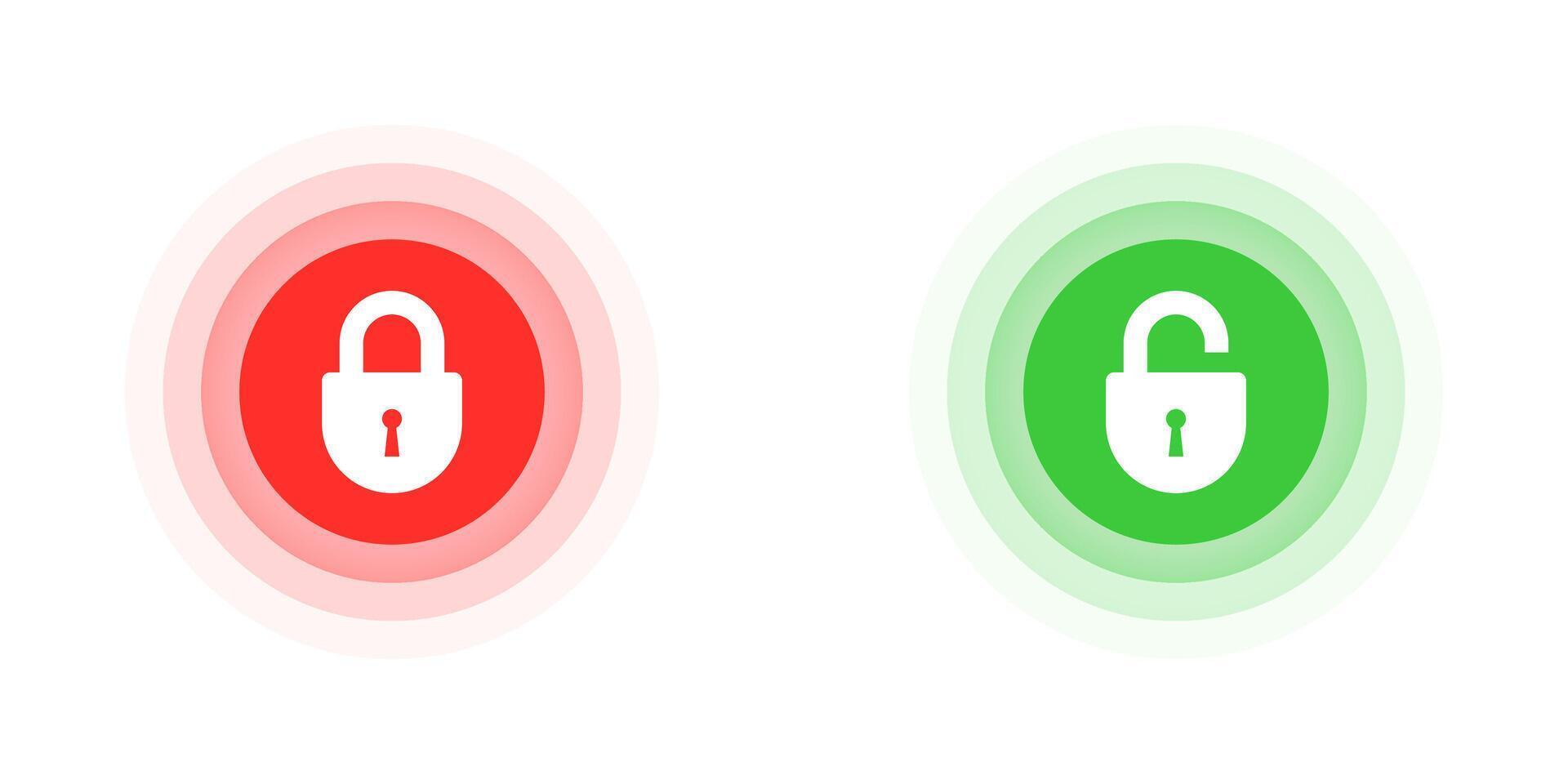 illustration of lock icons in red and green circles, representing locked and unlocked states. Perfect for security, access control, and privacy concepts. vector