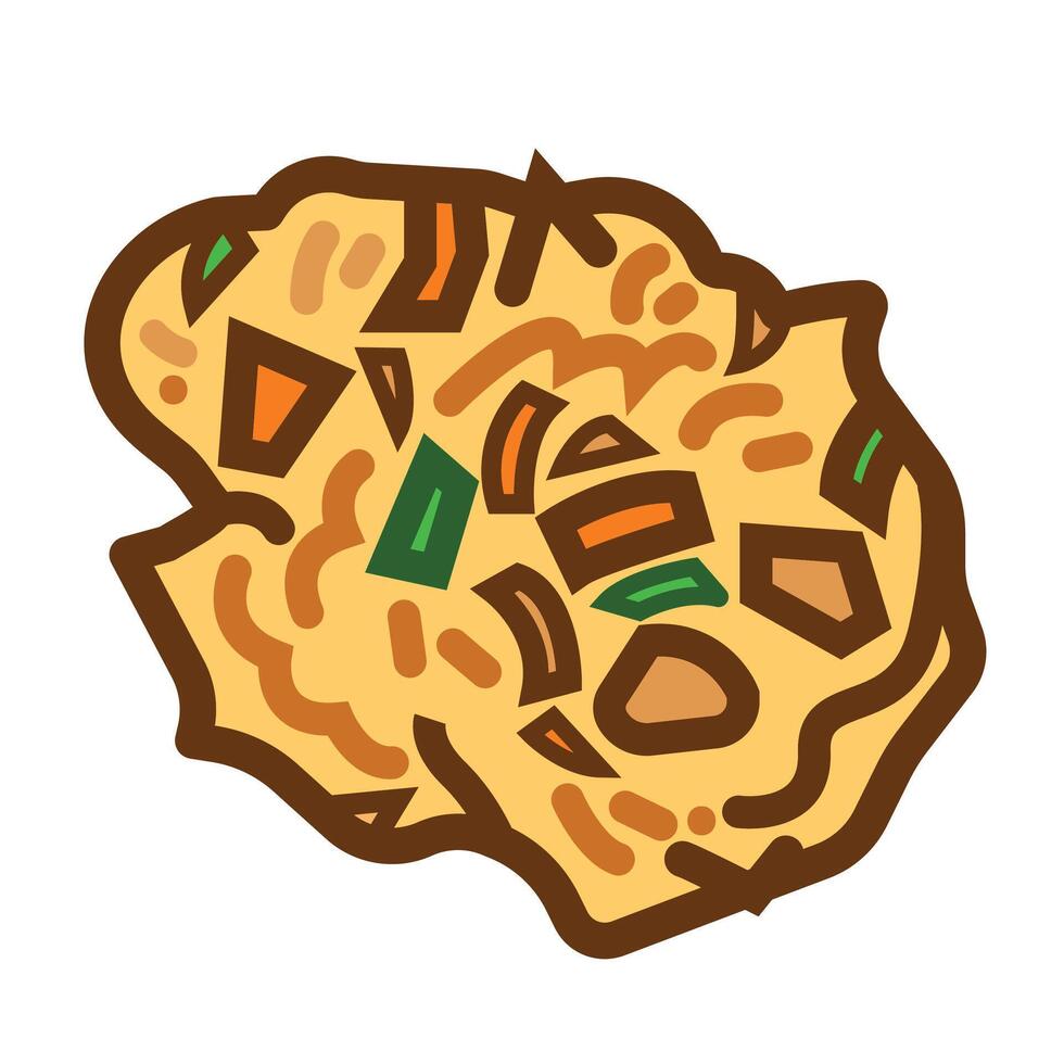 Bakwan fried indonesian snack with green onions and carrot slices colored food icon illustration outlined isolated on square white background. Simple flat cartoon art styled drawing. vector