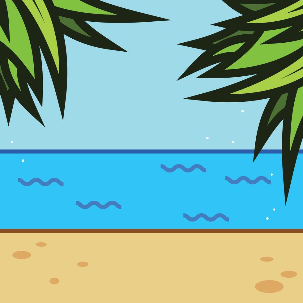 Tree leaves, sky, sea, and sand simple illustration isolated on square background with no text. Simple flat cartoon art styled drawing. vector