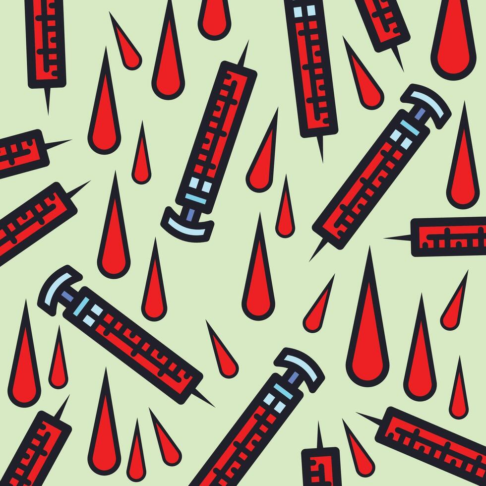 Syringe with red liquid colorful illustration pattern with outline isolated on square light green background. Simple flat health care themed cartoon art styled drawing. vector