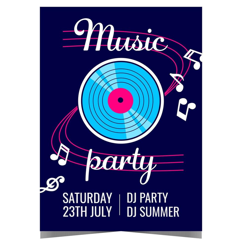 Music party invitation poster with vinyl record and musical notes flow. Banner, leaflet or flyer suitable for concert, festival, cultural and entertainment event with live DJ at disco dance occasion. vector