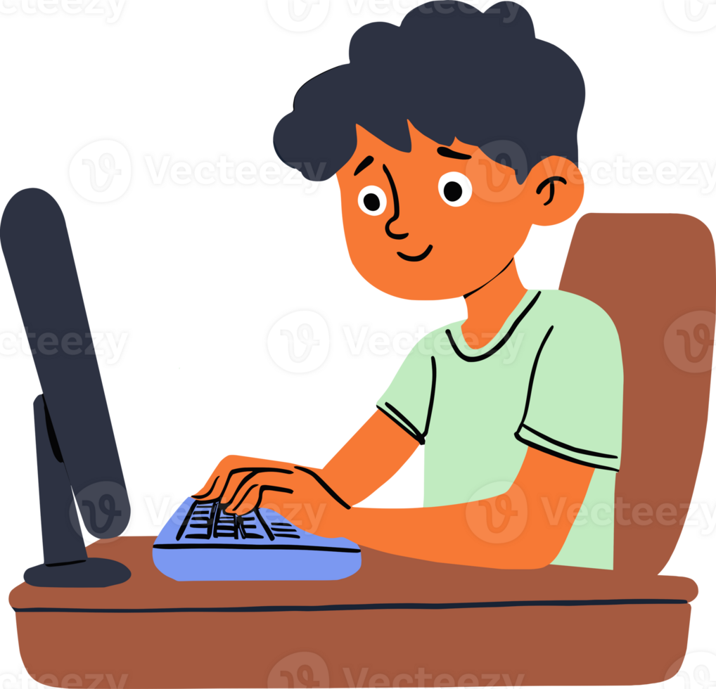 Boy typing keyboard and working with computer, student life, studying, technology, back to school, online education, online class, college, academic, productivity, learning, work life balance, doodle png