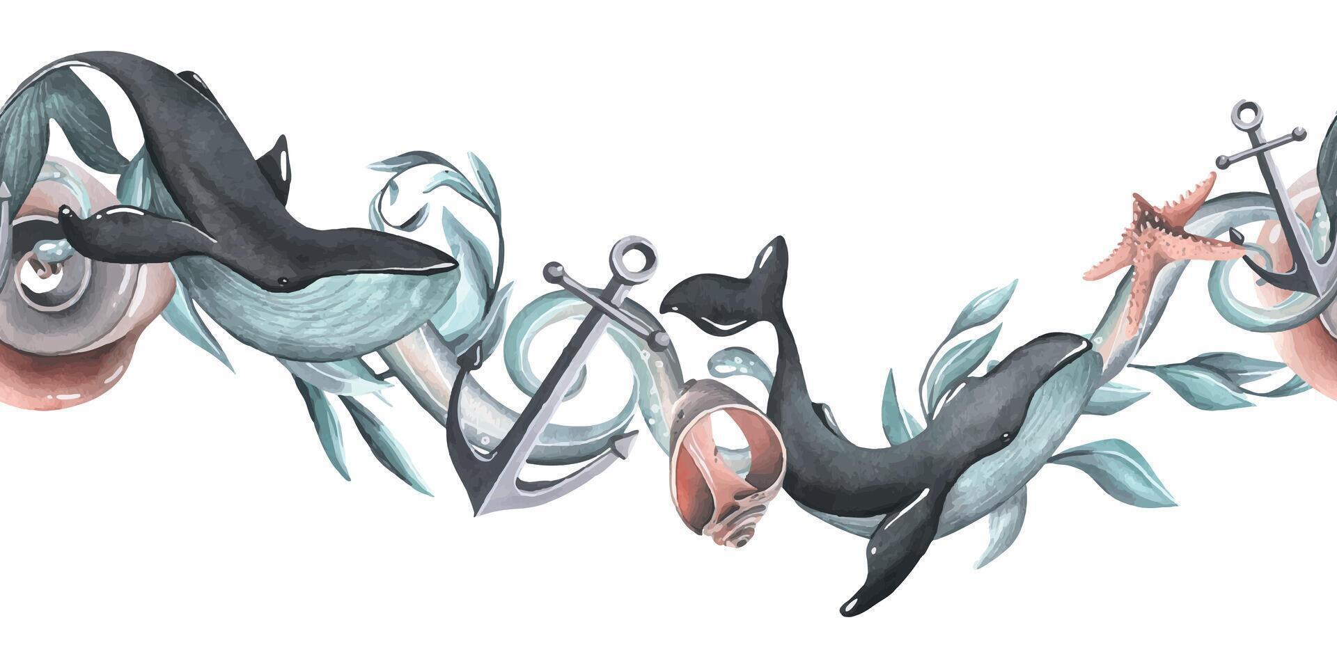 Whales with algae, shells, anchor, waves and spots, splashes of paint. Watercolor illustration. Seamless board from the collection of WHALES. For decoration and design of templates, invitations vector