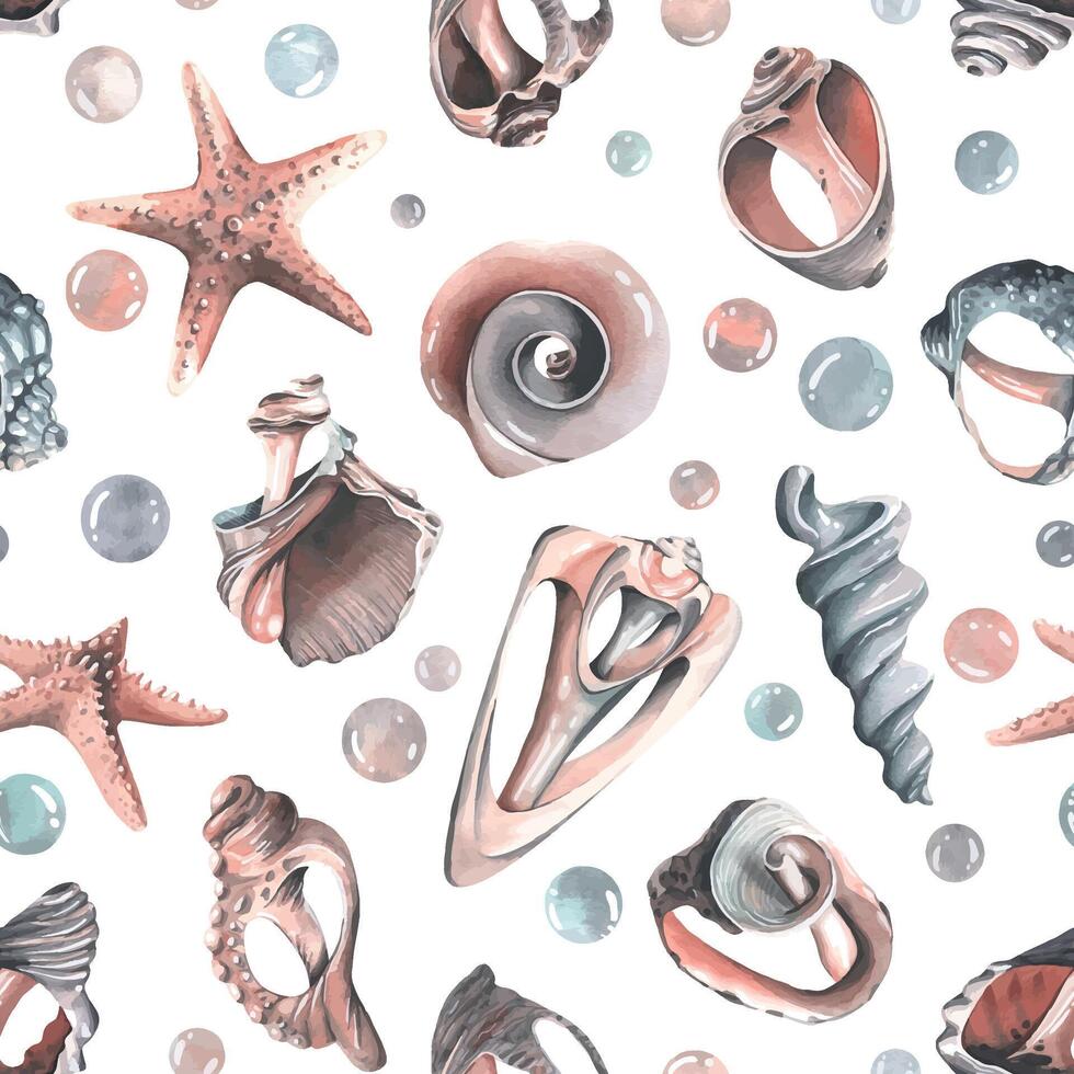 Various broken seashells and starfish, bubbles. Watercolor illustration hand drawn. Seamless pattern for fabric textiles, wallpaper, packaging, beach and summer prints on a white background vector