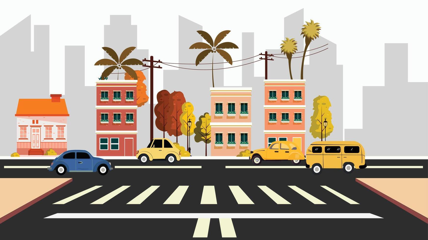 City streets background with buildings and traffic lights illustration vector