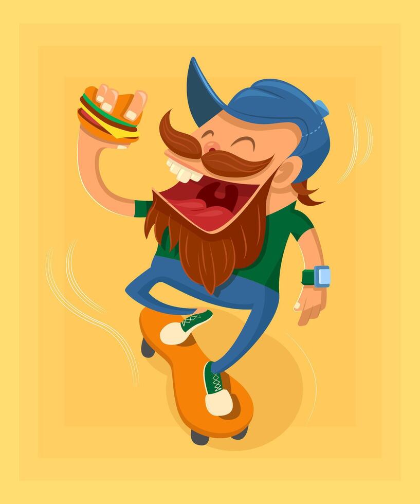 illustration of cartoon man riding skateboard mascot. Hipster is eating hamburger. vector