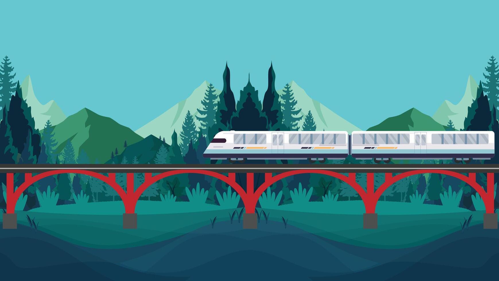 Fast train on a bridge with a nature background of mountains and trees vector