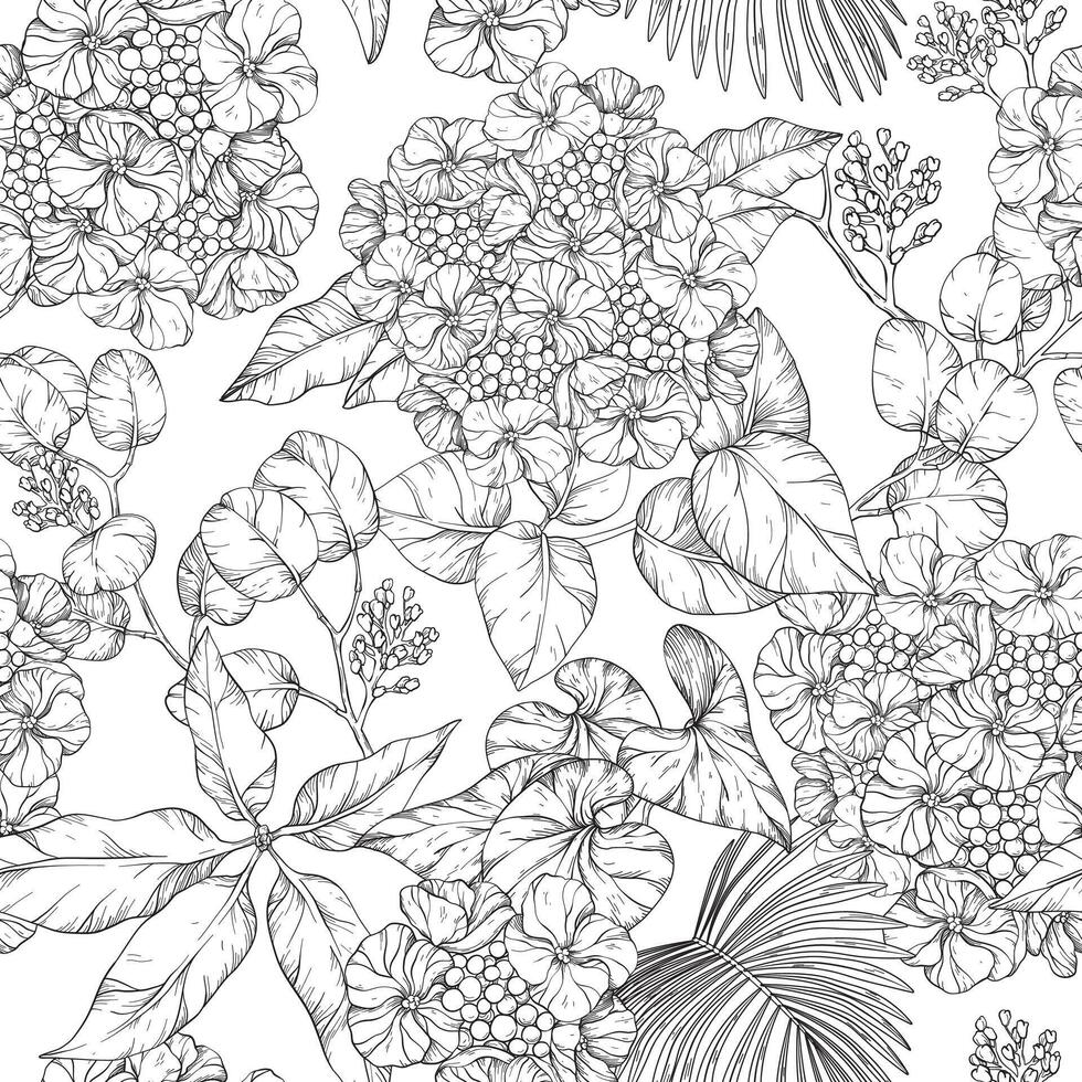 Seamless pattern. hydrangea design, Illustration of flowers. Black and white vector