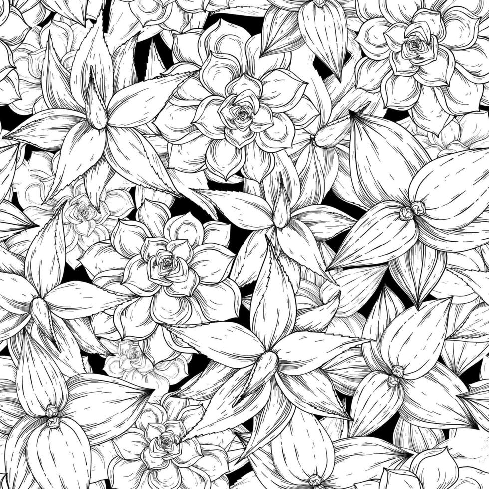 Seamless pattern with aloe, cactus, Foliage and branch. Floral illustration. Black and white vector