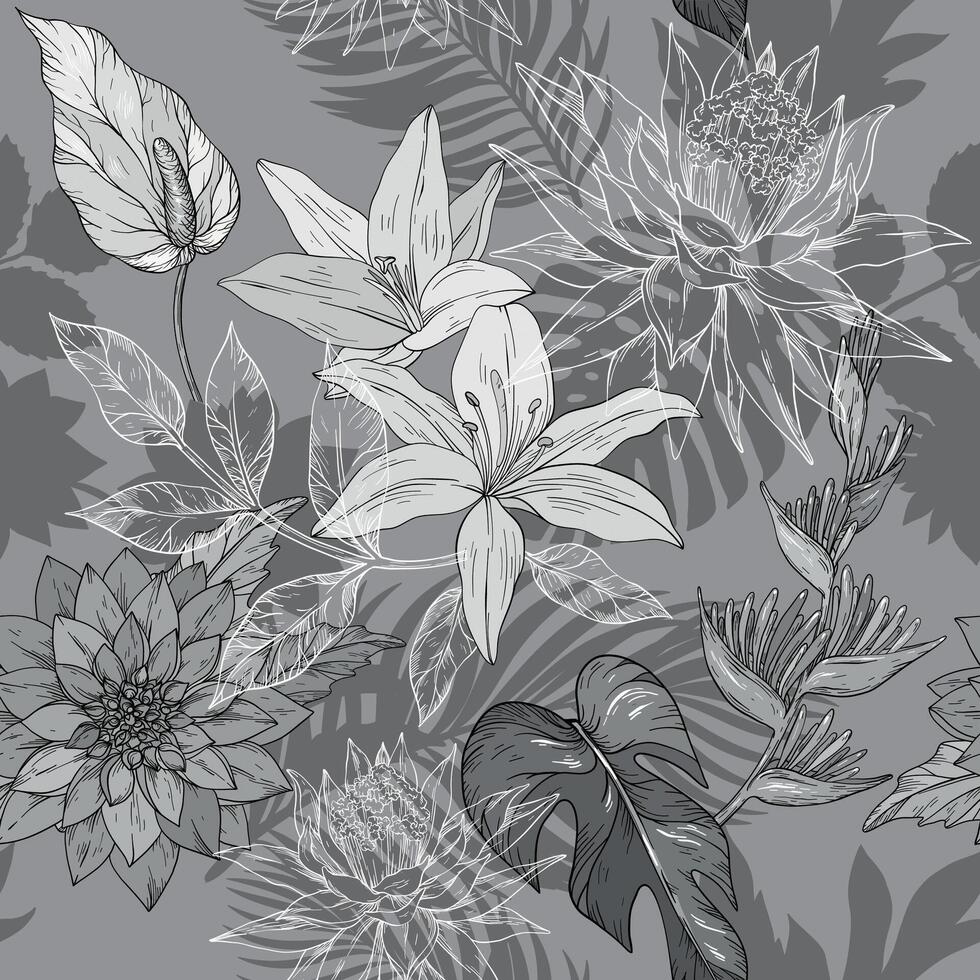 Monochrome hand draw seamless pattern with tropical flowers, blossom cluster seamless background vector