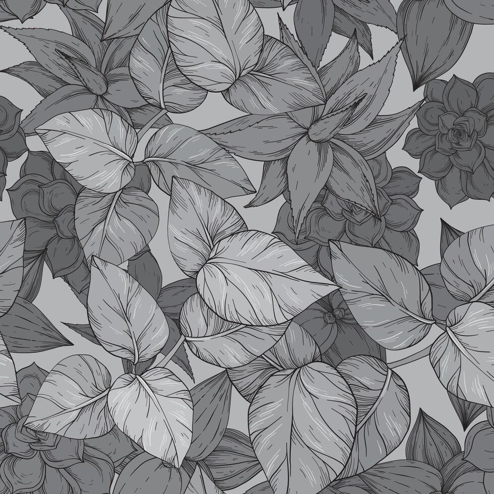 Tropical jungle seamless monochrome pattern on foliage background vector