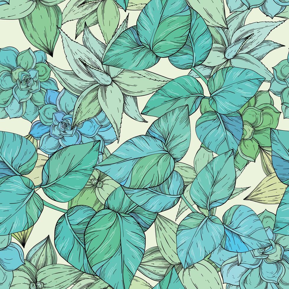 Tropical jungle seamless pattern, green foliage background, vector