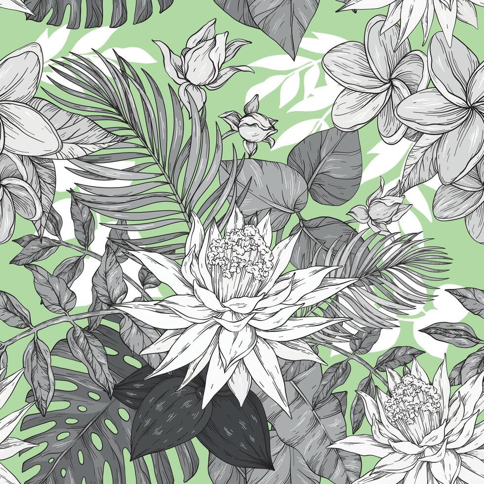 Seamless background of flowers frangipani, palm branch and tropical flowers, hand drawing illustration vector
