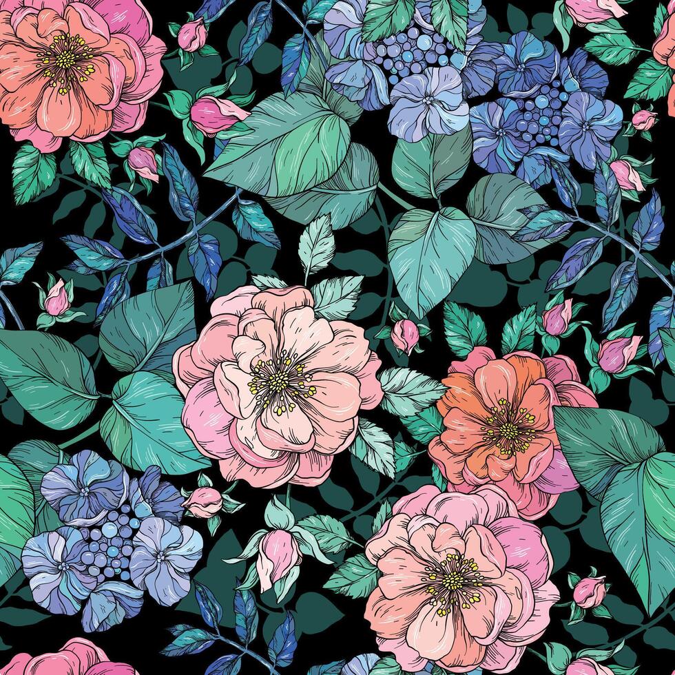 Seamless pattern with hand drawn pink roses and hydrangea flowers on black background vector