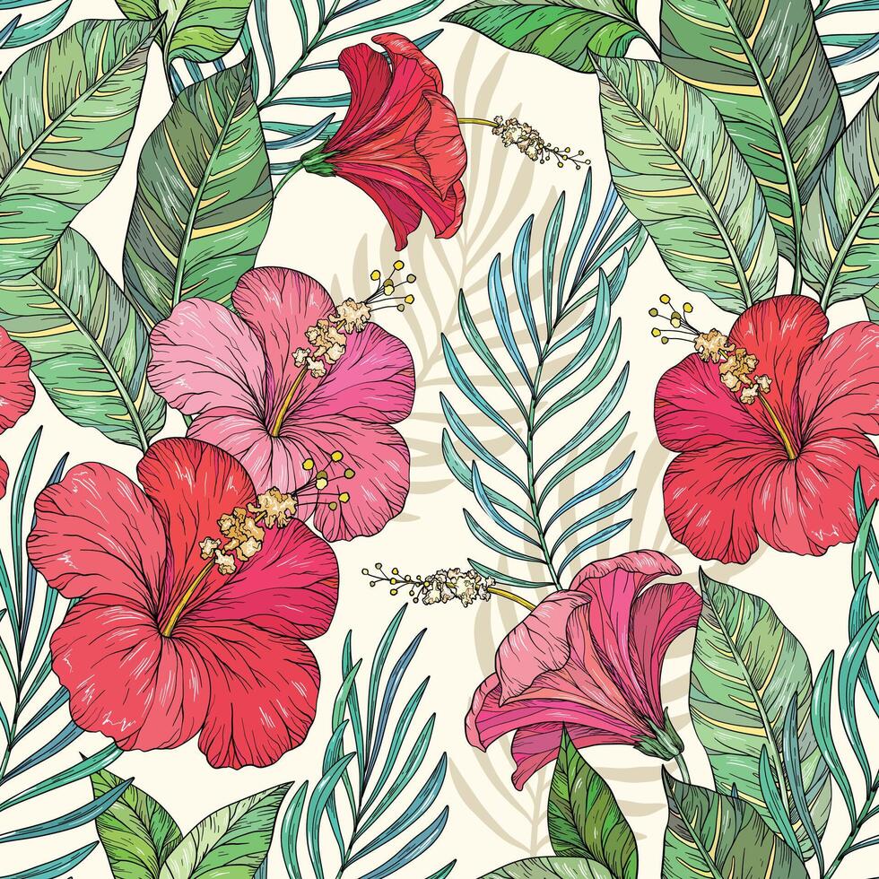 Seamless exotic pattern with tropical leaves. Tropical flowers and plants vector