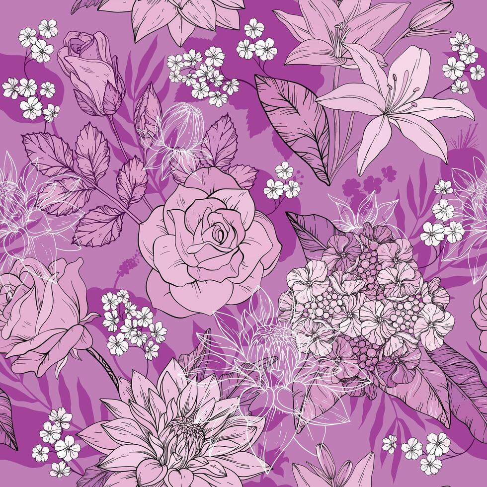 Pink monochrome hand draw seamless pattern with elegant flowers, blossoming floral elements vector