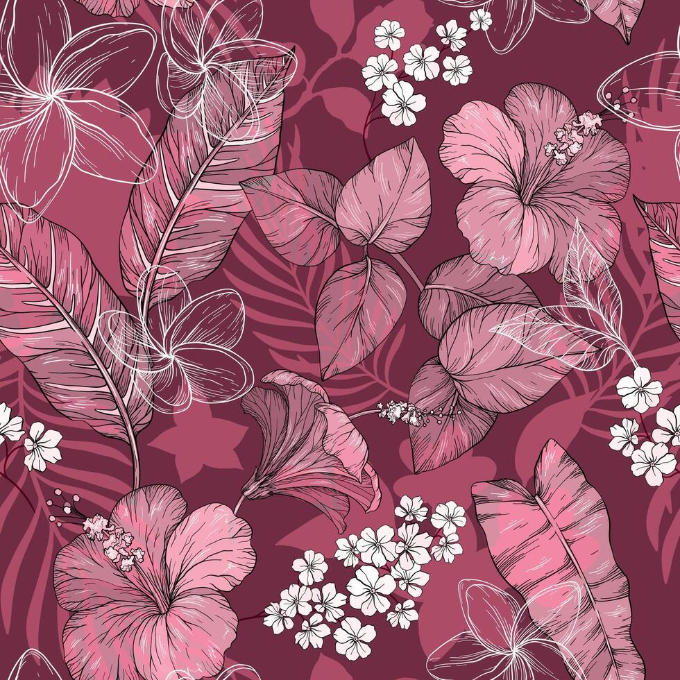 Pink monochrome hand draw seamless pattern with tropical flowers, blossom cluster seamless background vector