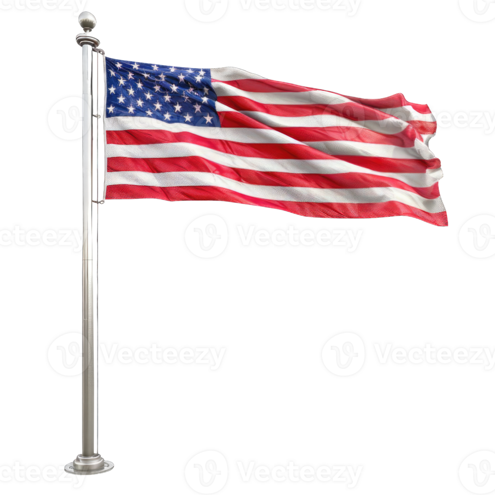 American United state flag waving on pole transparent background png