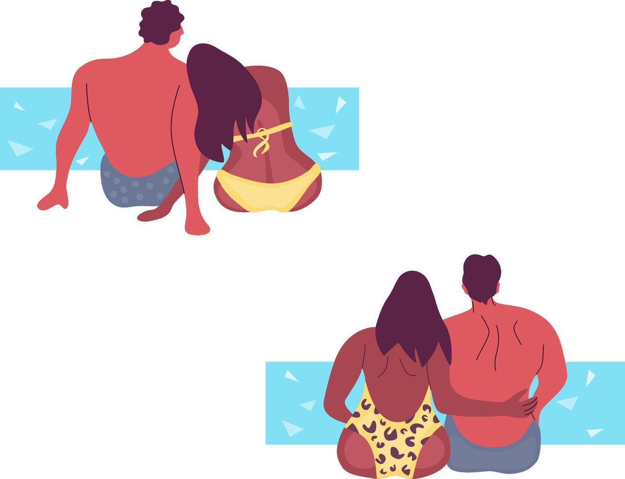 Romantic couple sitting at seaside. Man and woman of different races hugging each other on a beach. vector
