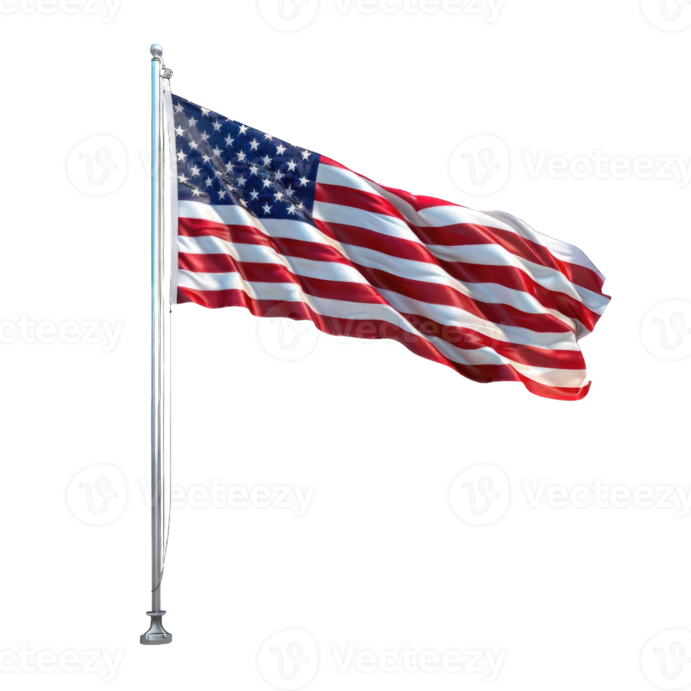 American USA flag waving on pole transparent background png