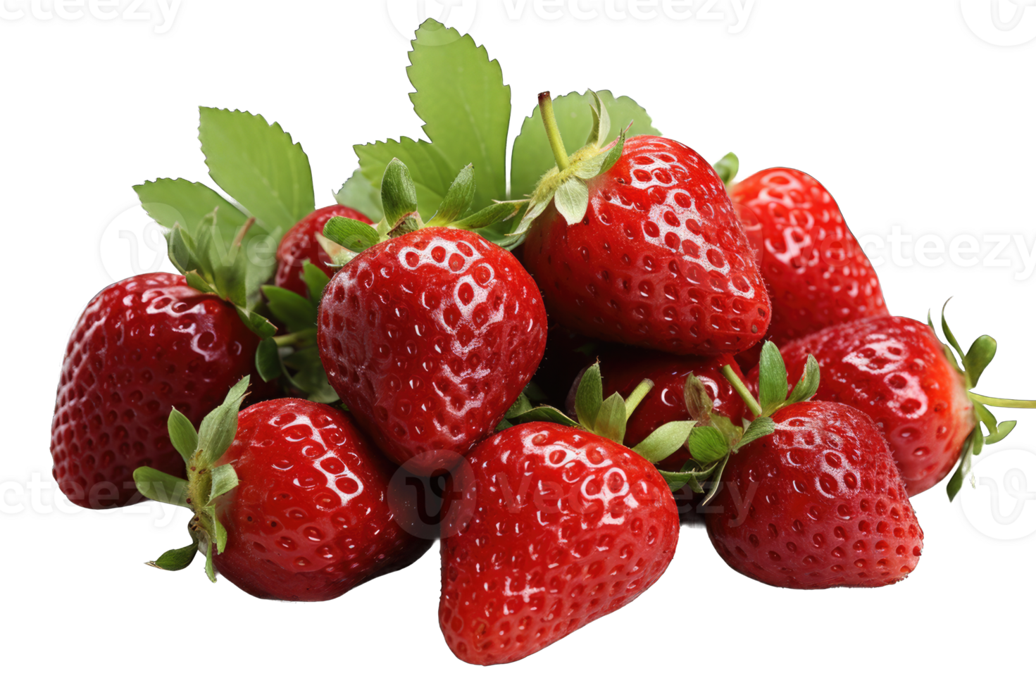 Strawberry fresh fruits with leaves transparent background cutout png