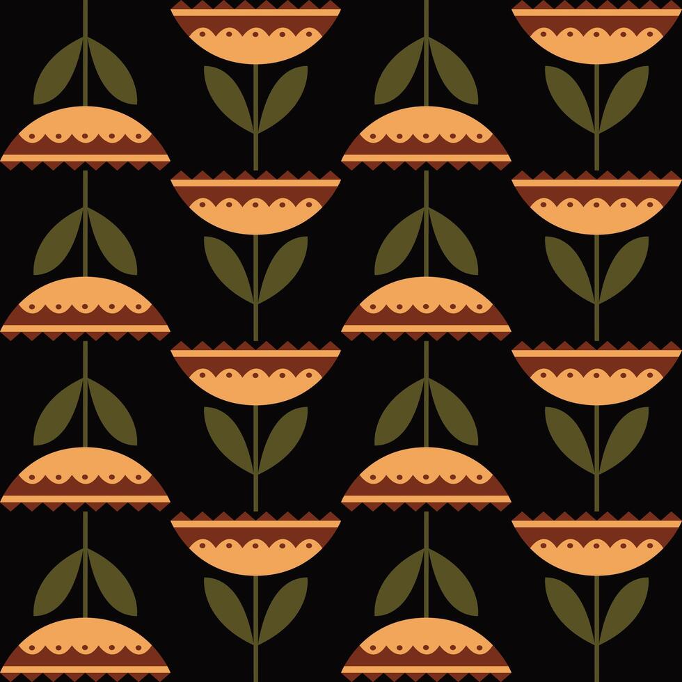 Ethnic seamless pattern. Floral background with flowers isolated on black background. Ethnic flowers and geometric frames. Design for fabric, wallpaper, border, wrapping paper. vector