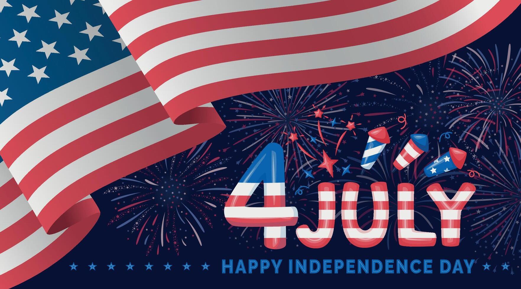 Fourth of July banner. American Independence Day. 4 July letters voluminous inflated from balloon. Greeting card and poster with US flag and fireworks on dark vector