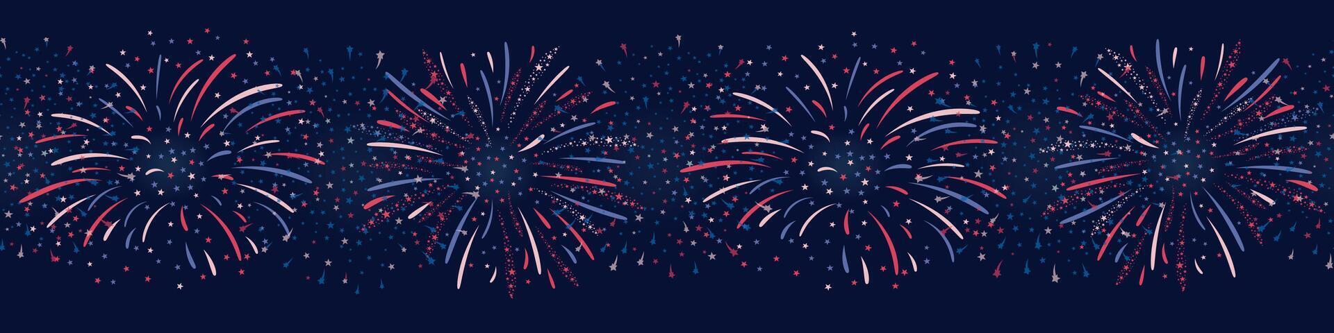 Seamless horizontal Fireworks background in red, blue and white colours for US Independence Day, Bastille Day, 4th of July. seamless border on dark background. For digital paper, cards, banner vector