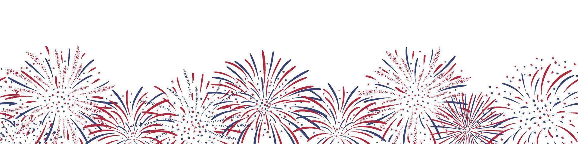 Seamless horizontal Fireworks background in red, blue and white colours for US Independence Day, Bastille Day, 4th of July. Seamless border Isolated on white. For digital paper, cards, banner vector