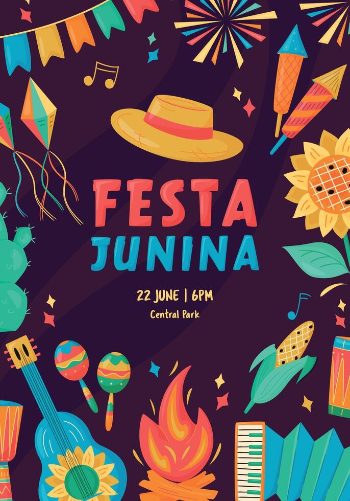 Festa Junina celebration Banner, Poster. Brazil June Festival Design. Folklore Holiday. Guitar, Accordion, Cactus, Sunflower, Campfire on dark background. Festa de Sao Joao vector