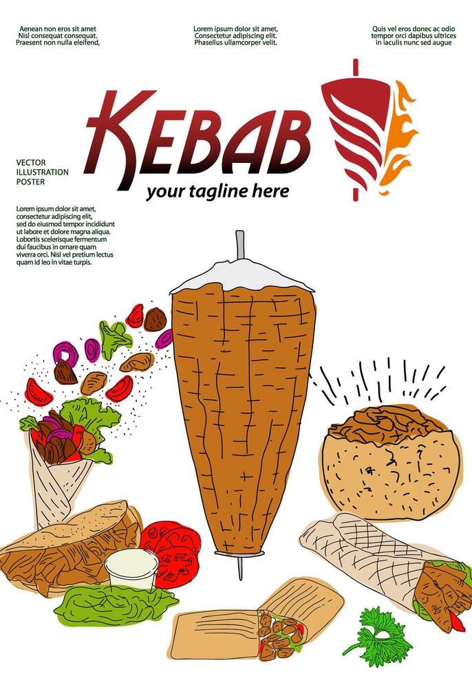 Doner kebab restaurant cafe poster, template design. vector