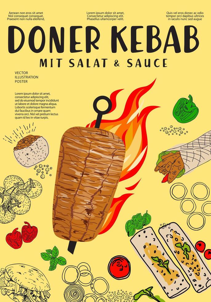 Doner kebab restaurant cafe poster, template design. vector