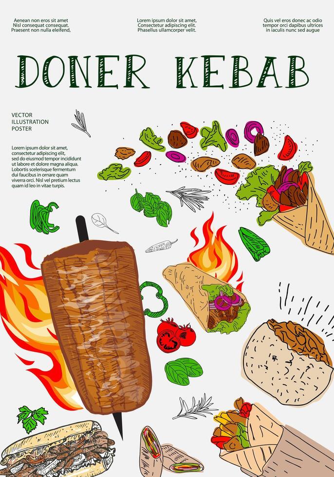 Doner kebab restaurant cafe poster, template design. vector