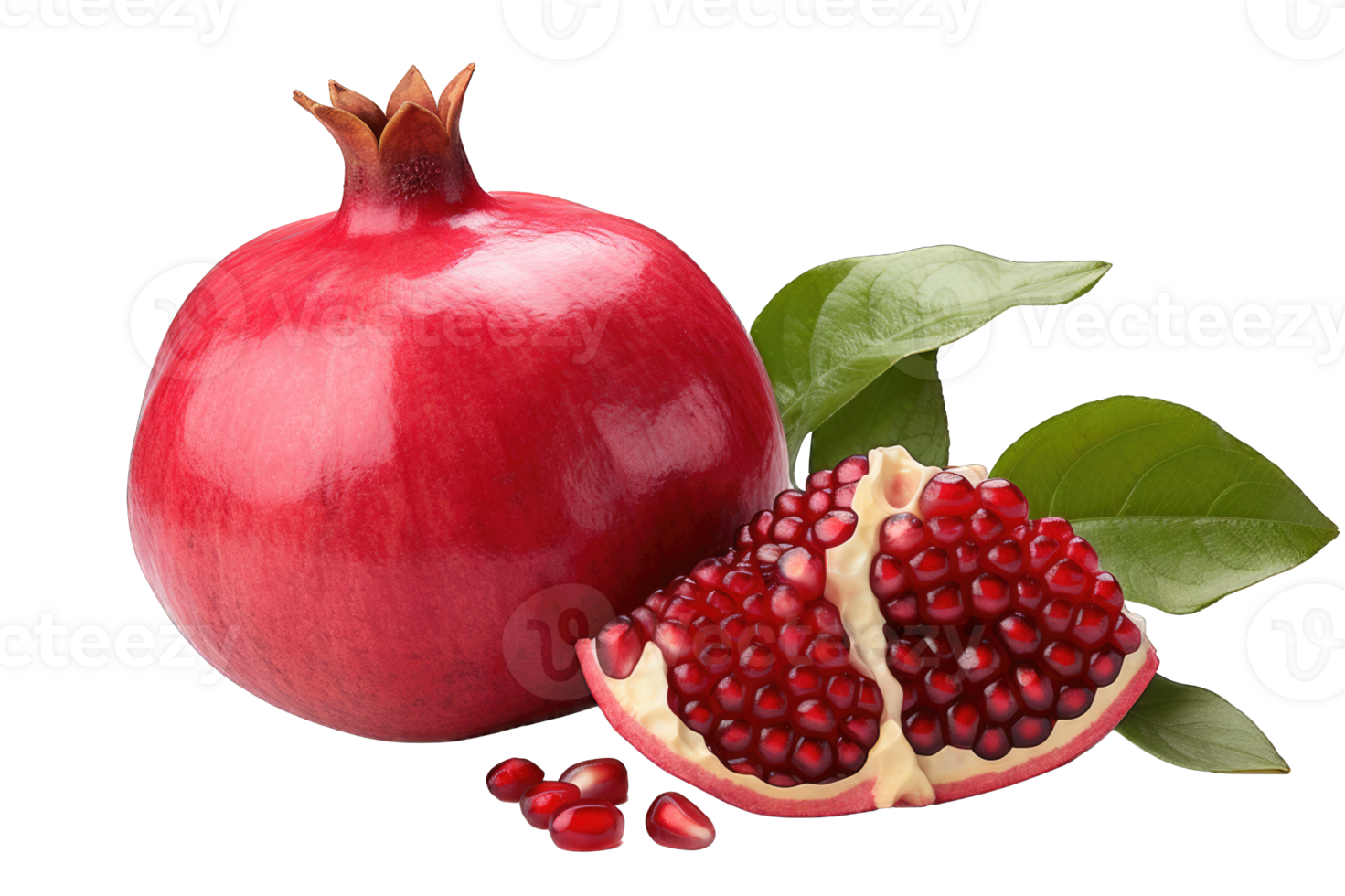 Pomegranate with leaf healthy fruit transparent background cutout png