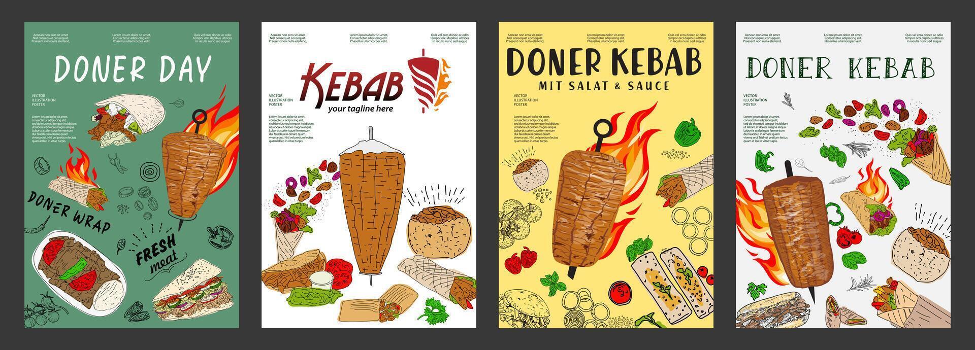Doner kebab restaurant cafe poster, template design. vector