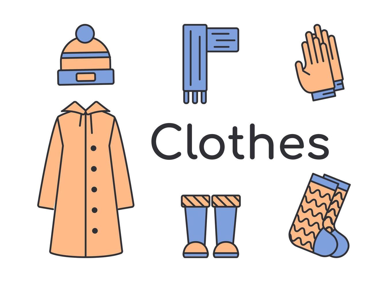Set of autumn clothes - hat, scarf and gloves. Coat, rubber boots and wool socks. Wardrobe collection of warm and waterproof items and shoes. Jacket. Colored icons with outline. illustration vector