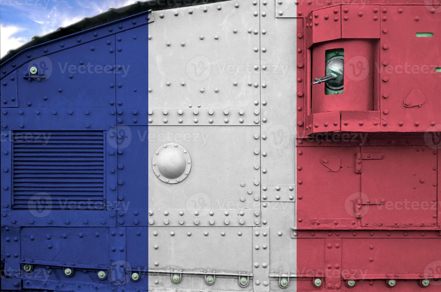 France flag depicted on side part of military armored tank closeup. Army forces conceptual background photo