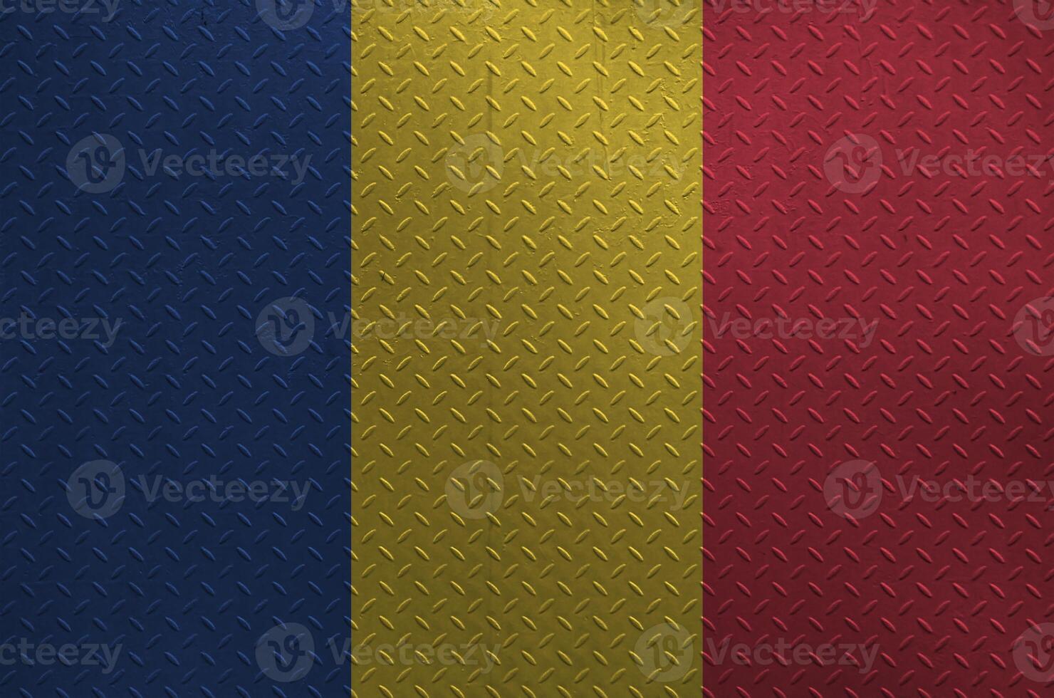 Romania flag depicted in paint colors on old brushed metal plate or wall closeup. Textured banner on rough background photo