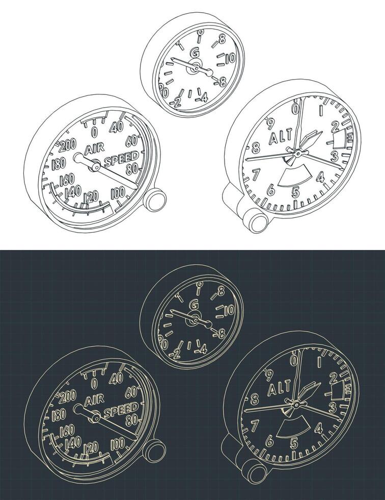 Aviation instruments isometric blueprints vector