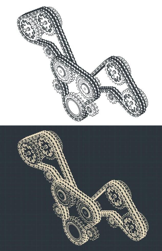 Chain drive and gears isometric drawings vector